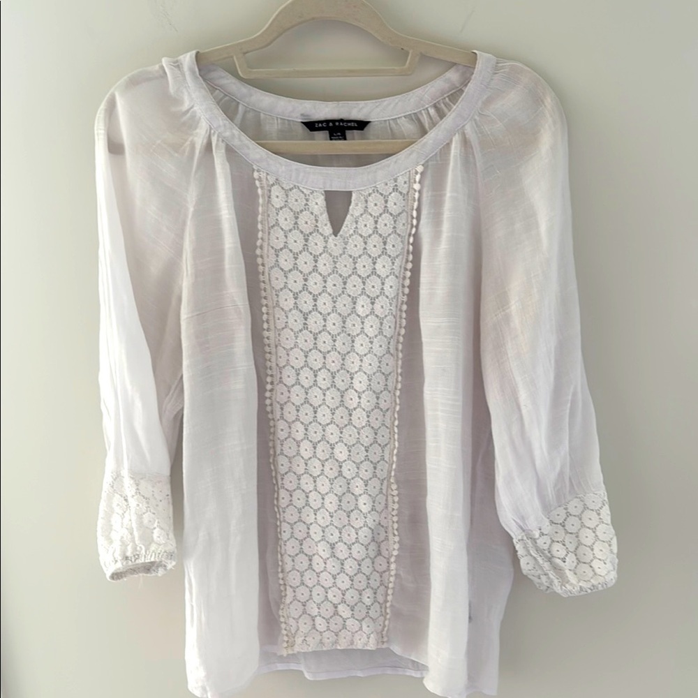 Zac & Rachel White Gauzy Embellished 3/4 Sleeve Blouse Size L